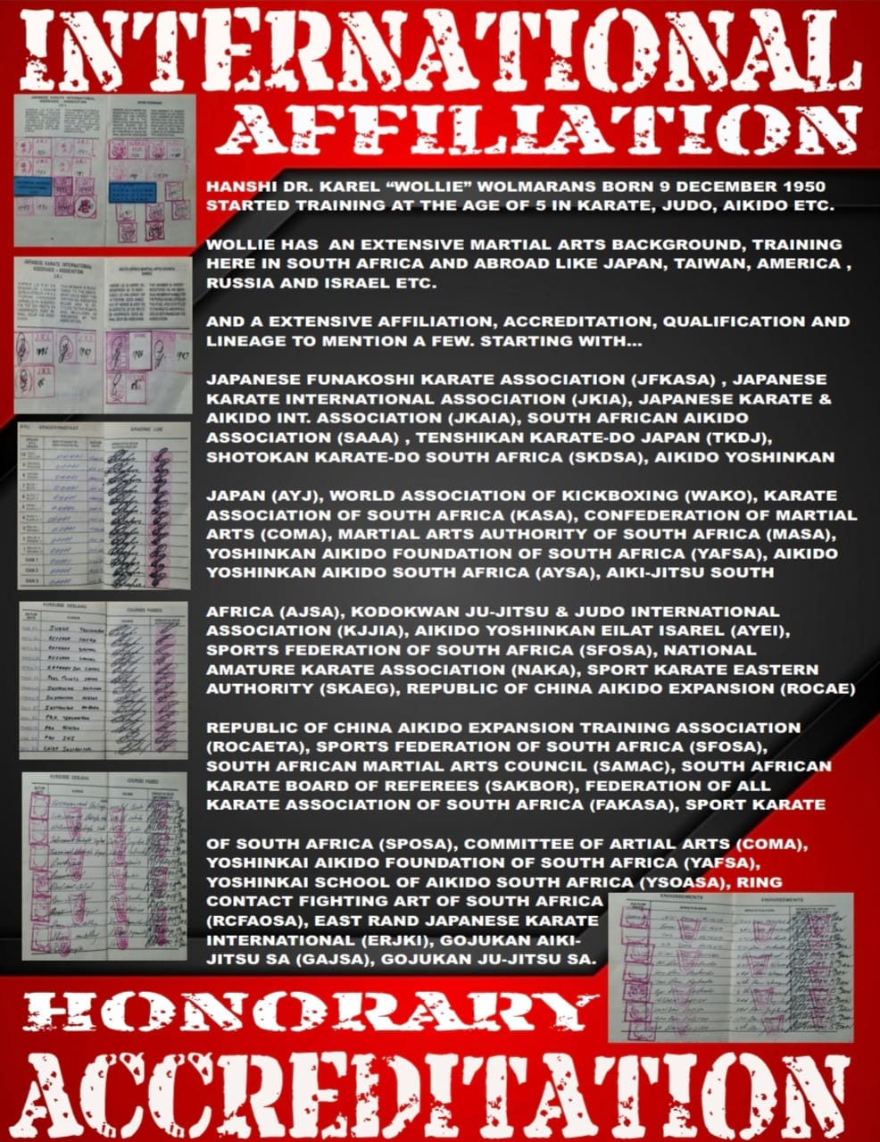 INTERNATIONAL AFFILIATION KAREL WOLLIE WOLMERANS – HONORARY ACCREDITATION